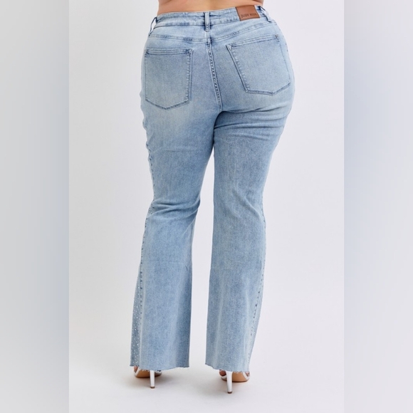 Judy Blue MR Light Wash Button Fly Rhinestone Side Panel Flare Jeans Various NEW - Picture 14 of 16